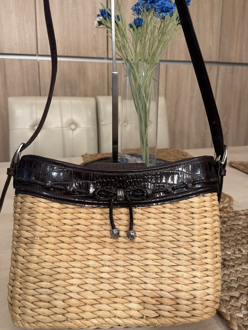 BRIGHTON Woven Raffia Straw Shoulder Bag with Chocolate Brown Leather Trim